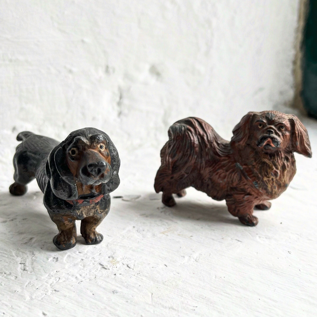 Cold Painted Spelter Dog Figurines, Pekingese And Dachshund
