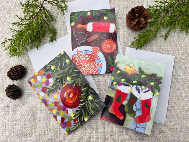 Set of 3 Classic Christmas Cards | Stocking, Cookie & Bauble Gouache Art | 5x7 Glossy Finish