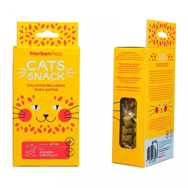 Cats snack galletas rellenas sabor salmón y pollo 80 GR