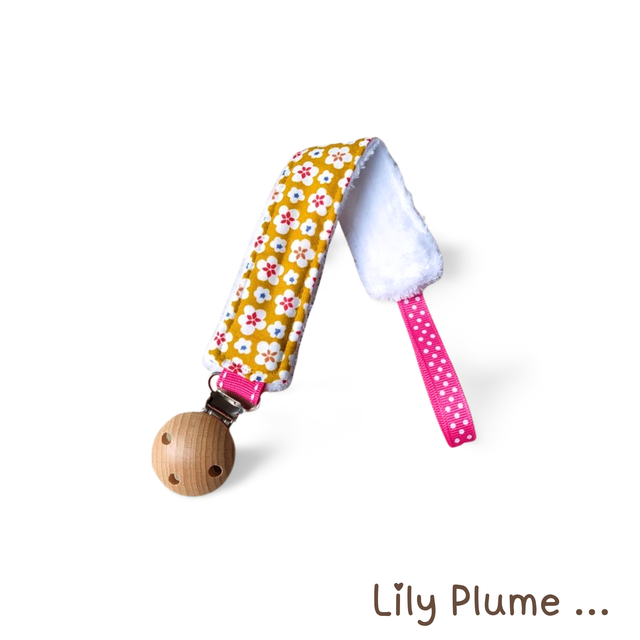 Attache tétine jaune moutarde fleuries