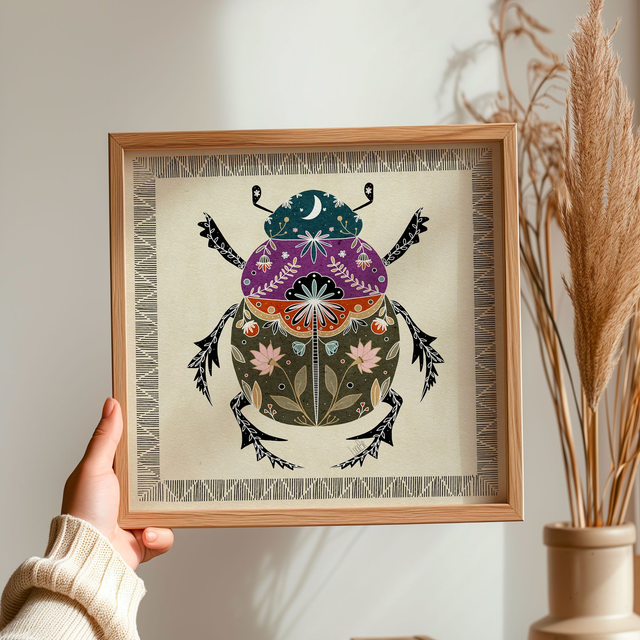 Affiche carrée illustrée 21 cm &quot;Scarabée coloré&quot; | Violet  