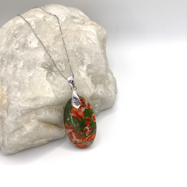Large Unakite Pendant Sterling Silver Twist Necklace 