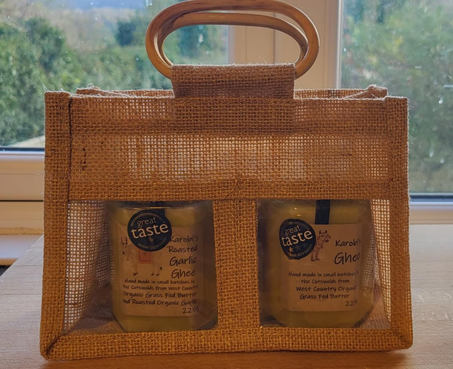 Jute gift bag with 2 x 225g jars ghee of your choice   