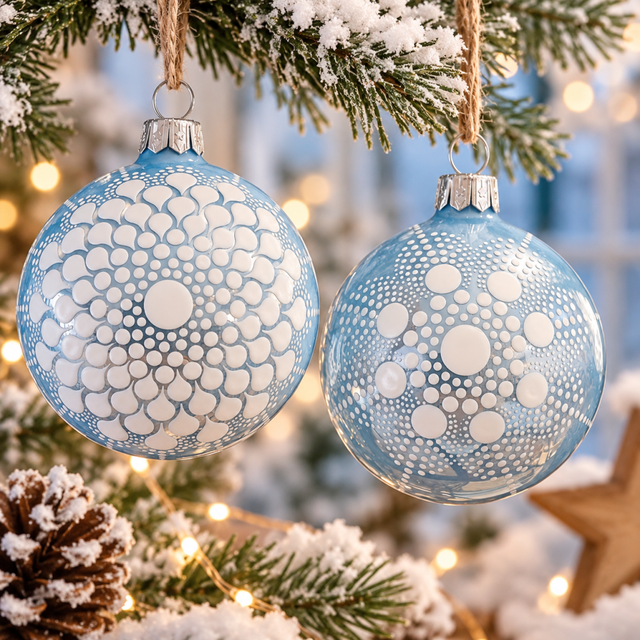 Boule de Noël en verre bleu ciel – Mandala blanc peint à la main