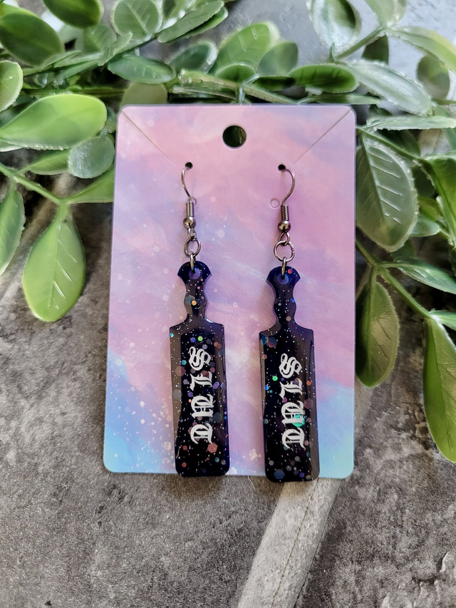 Earrings | Slut Mini Paddle Earrings – Black-Blue Glitter - Old English Font | Stainless Steel Hooks