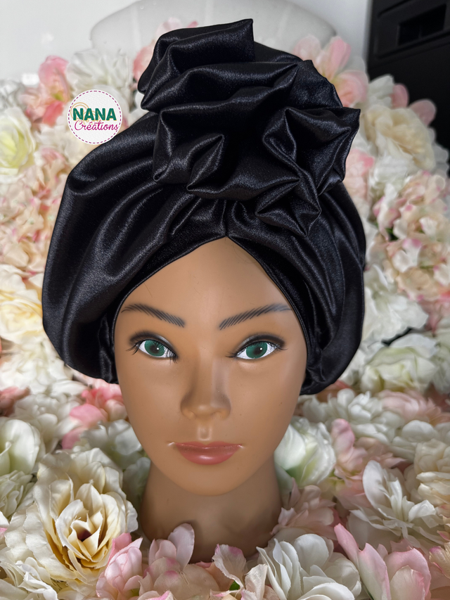 Turban Satin à enfiler - Ébène - Fait main