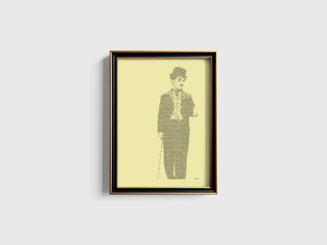 A3 Schreibmaschinen-Porträt Charlie Chaplin Figur in Schwarz auf Elfenbein