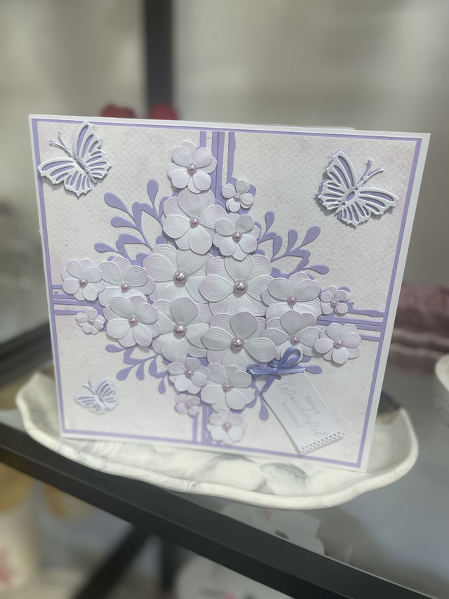 3D flower Purple Birthday Card 8 x 8 Hand Made 