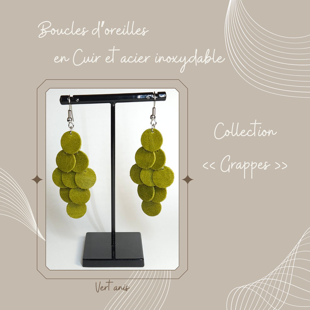 Boucles d&#039;oreilles Grappe en cuir - Vert anis