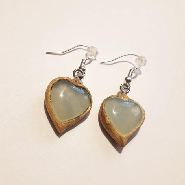 Blue Calcedony Earrings with Hand Carved Palo Santo Wood 