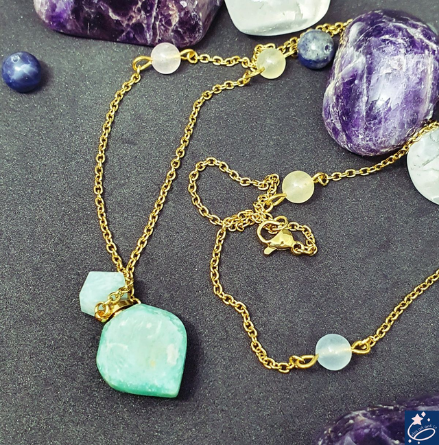 Sautoir bouteille en amazonite avec perles de morganite 