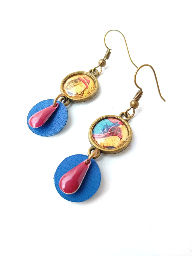 BO Médiévales Cabochon Tapisserie Portrait couple- CUIR et PAPIER RECYCLÉS - Pièces Artisanales et Uniques