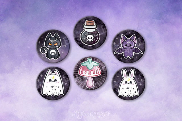 Badge 32mm Dark l Cat Bat Ghost Potion Champignon