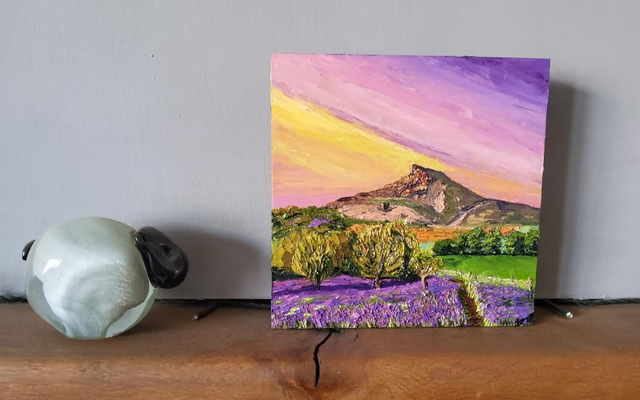 Sunset over Bluebell woods and Roseberry Topping. Original Oil on 6x6" wooden canvas. 