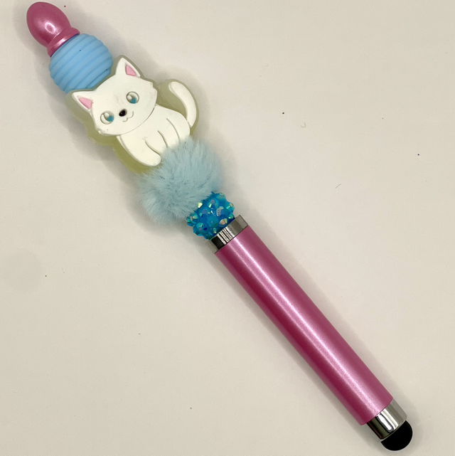 S67 - Stylo à perles chat blanc