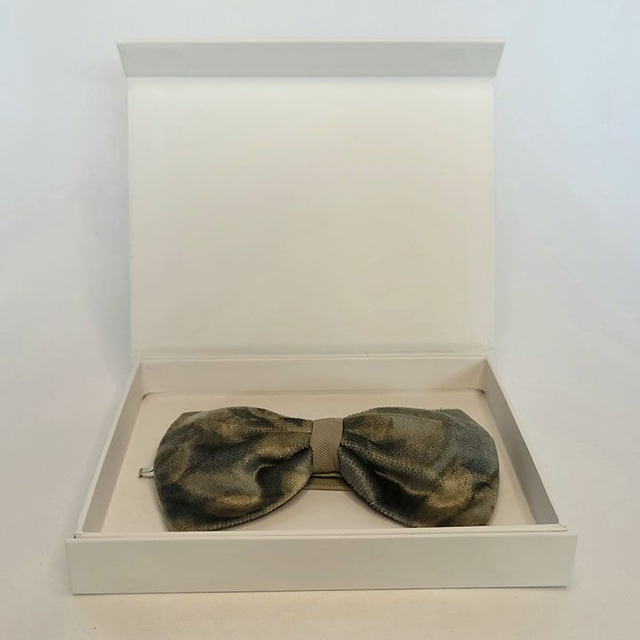 Noeud papillon reglable - Velours de Soie Imprimé Motifs Bronze et Vert - Pièce Unique (1)