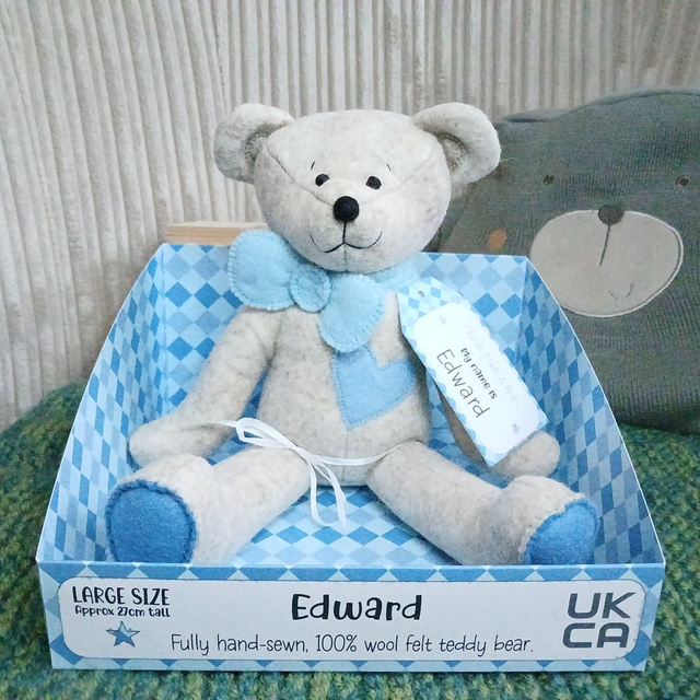 Edward. Large size. 100% wool felt, handmade teddy bear. Traditional. Beige. Blue. Standard wool felt.
