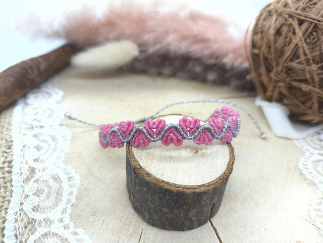 Bracelet tissage coeurs rose/argenté 