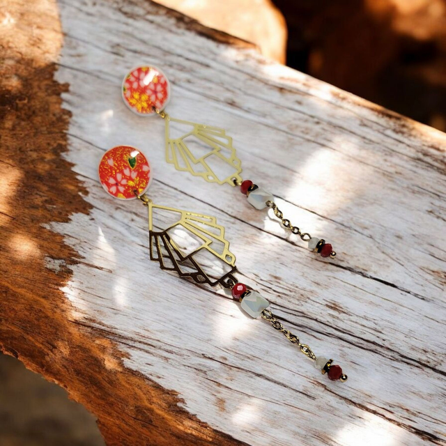Boucles d'oreilles pendantes motifs japonais rouge