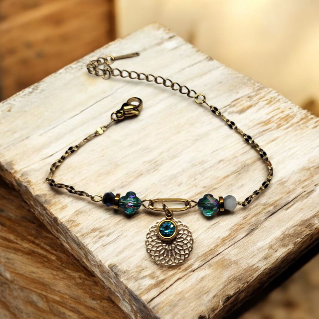 Bracelet acier inoxydable et strass bleu turquoise et doré