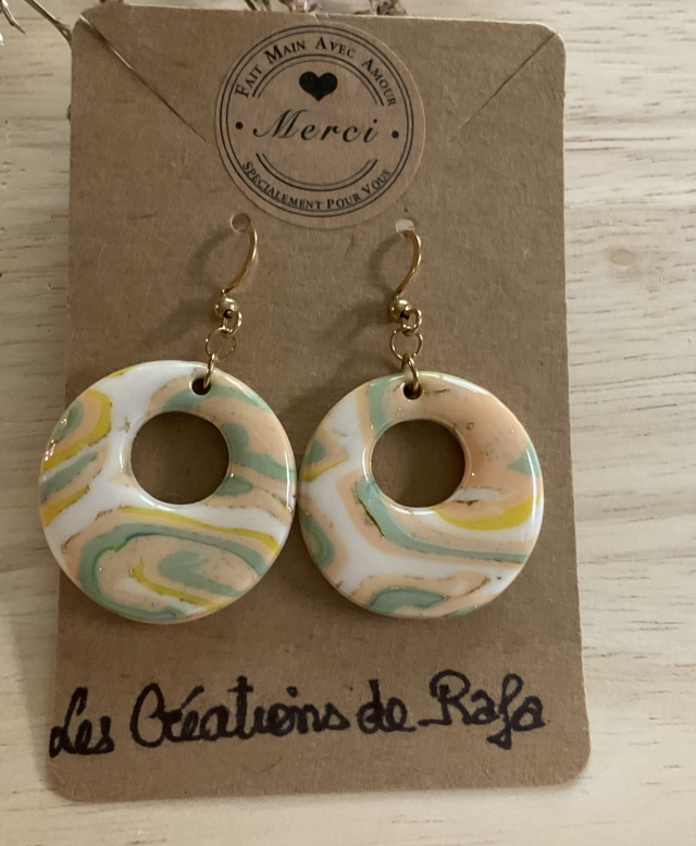B14 Boucles d’oreilles pendantes en pâte polymère et resineUV ,dorées en acier inoxydable , ⛔️ aux -6 ans 