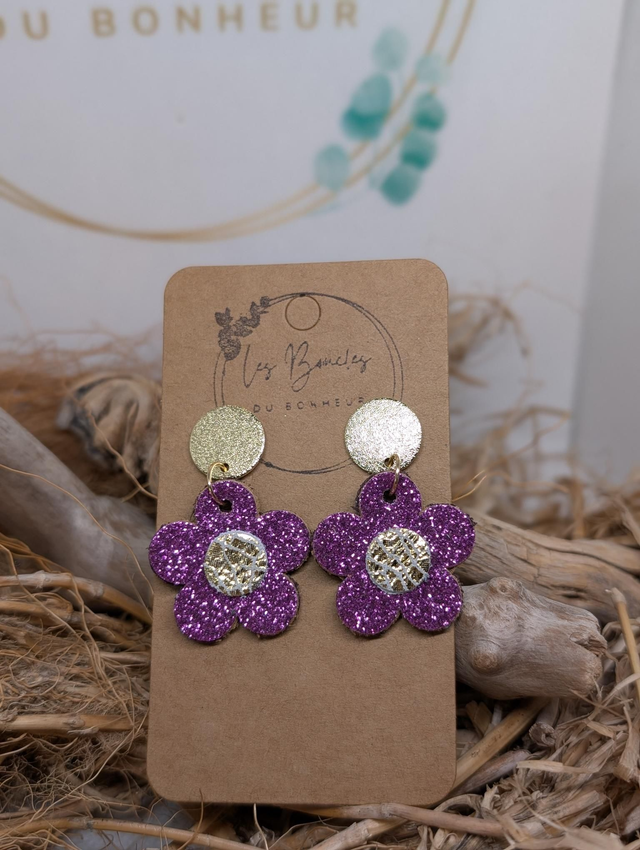 Boucles d&#039;oreilles mini marguerite violet paillettes mm001