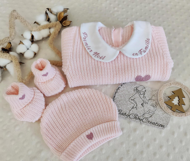 Ensemble en tricot Premier Noël rose clair