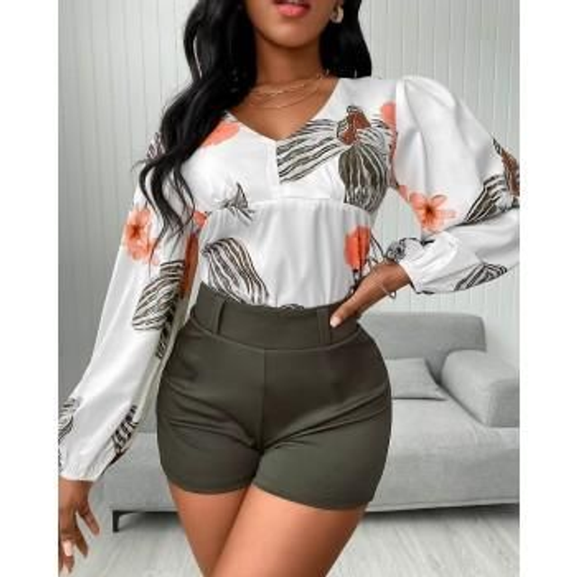 Tropical à manches longues haut et short ensemble Floral décontracté Col en V Streetwear Kawaii Blouses costume ensemble