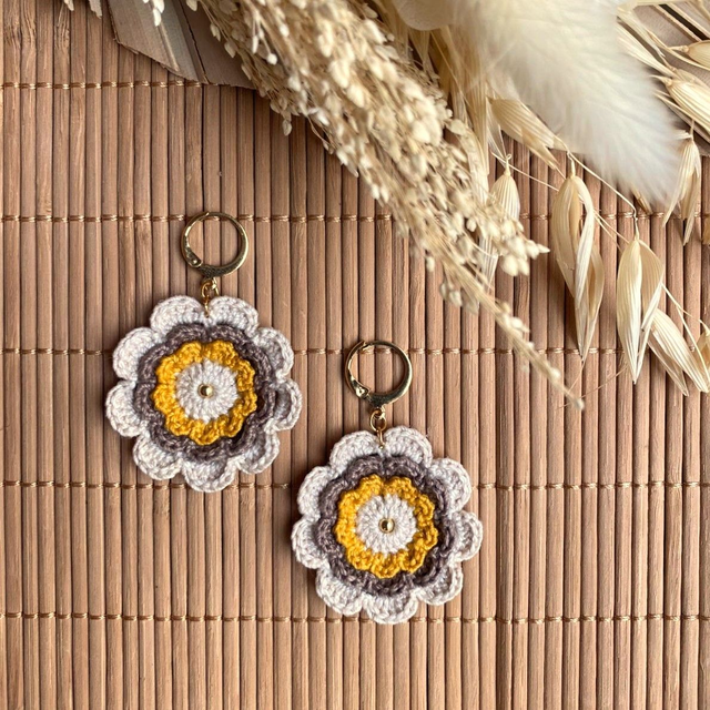 Boucles d’oreilles fleurs Corolles ~ L ~ Jaune / Lin