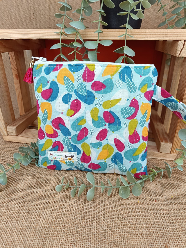 Trousse matelassée - trousse plate - oiseaux colorés