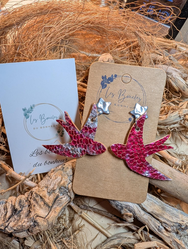 Boucles d'oreilles Hirondelle fushia h009