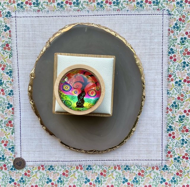 Handmade glass brooch with printed design. Clothes accessories. 