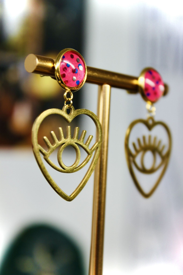 BO Amour et protection dorées - Coeur en fête (magenta paillettes bleues, roses et argentées)