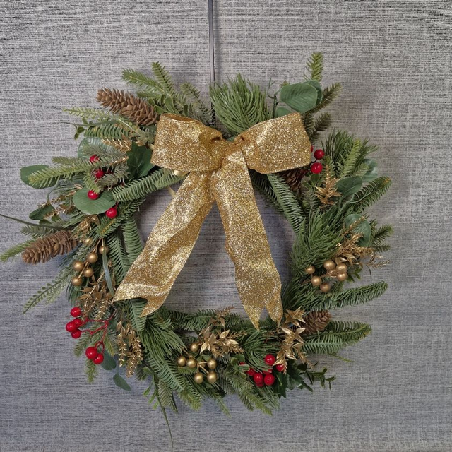 X-Large Artificial Mixed Foliage Christmas Wreath - Gold and Red