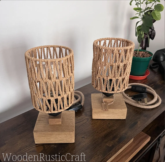 Pair of Handmade Solid Oak Bedside Lamps