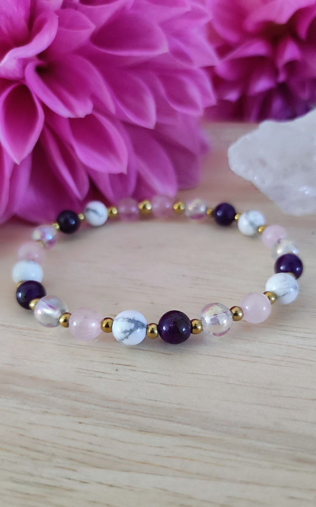 Bracelet "Paix intérieure" Améthyste, Quartz rose et Howlite