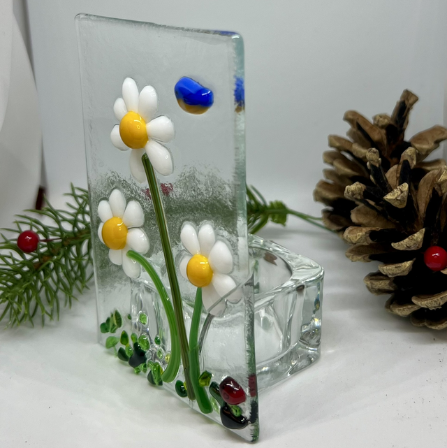 Daisy & Bluebird Fused Glass Tealight