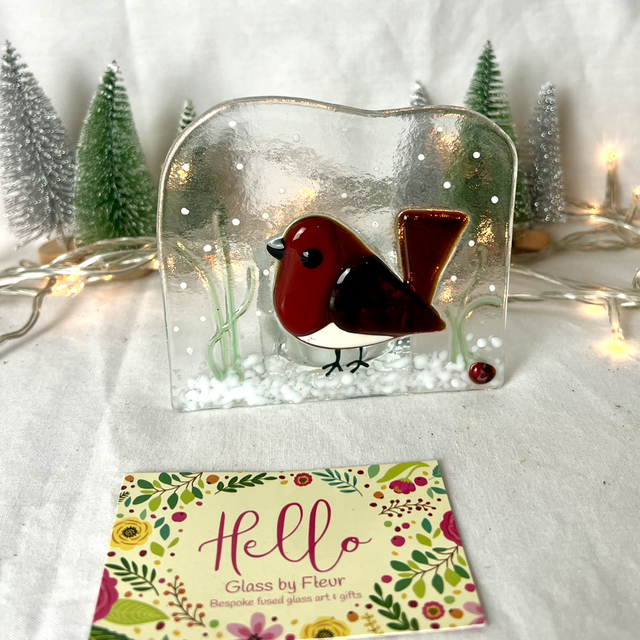 Robin Snow Scene – Fused Glass Tealight Holder