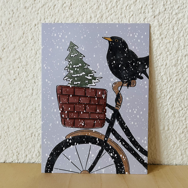 Ansichtkaart Merel in de sneeuw, 10 x 15 cm