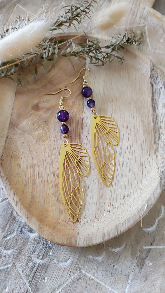 Boucles d'oreilles Aile et Améthyste