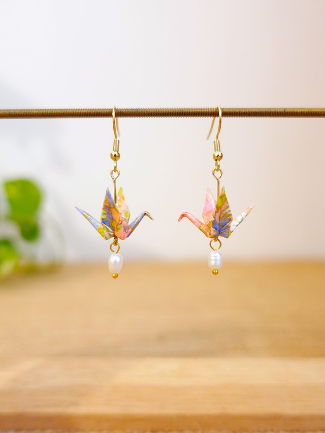 INOX doré / Origami grues, oiseaux / Papier japonais washi / Rose, Bleu, Rouge, or / Boucles d'oreilles origami /