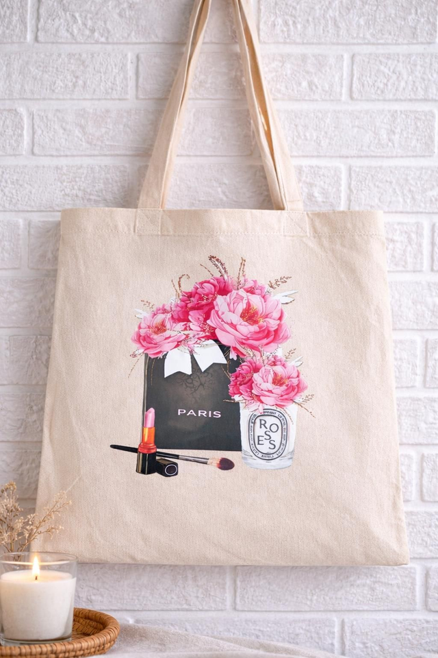Sac en toile – Fleurs roses &amp; élégance parisienne