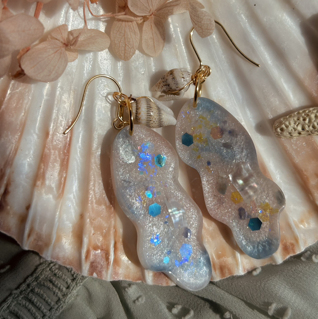 Wave Statement Hook Earrings with Real Shells Gold Plated