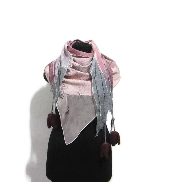 Scialle lana merino seta feltro Fatto a mano scialle Caldo infeltrimento fiori tulipani rosa bordeaux