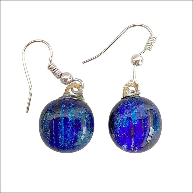 Earrings in bright blue dichroic glass with shades of turquoise and purple