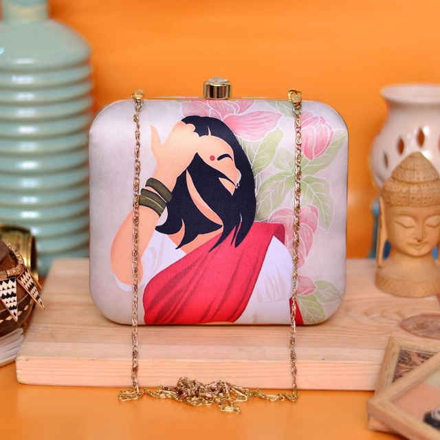 Woman Portrait Printed Clutch Bag- 7x6.5