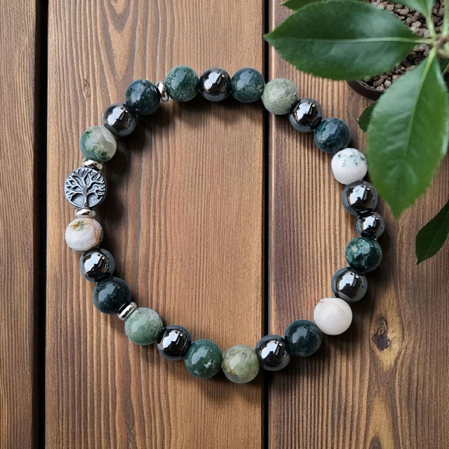 Bracelet Homme "Nouveau Départ &amp; Prospérité" : Agate Arbre, Hématite &amp; Agate Mousse