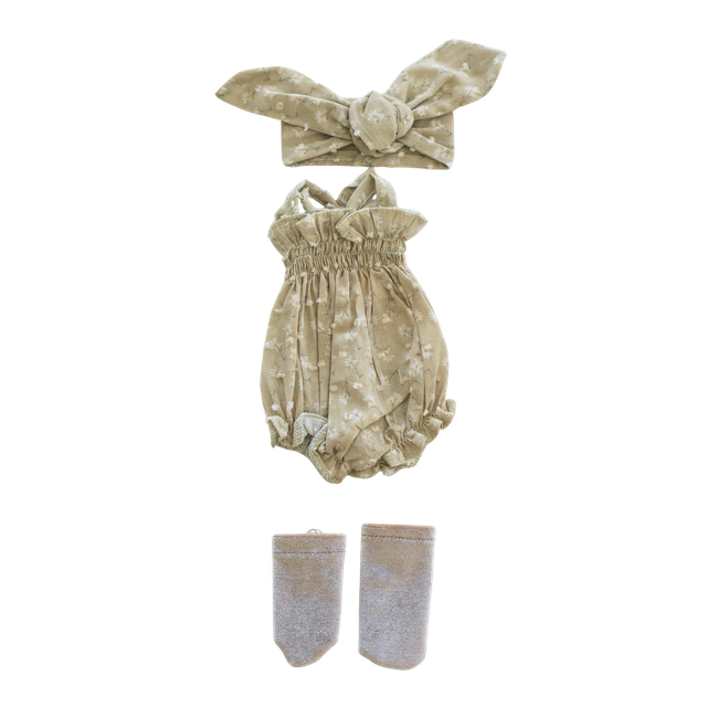 Grenouillère verte à fleurs + bandeau et chaussettes