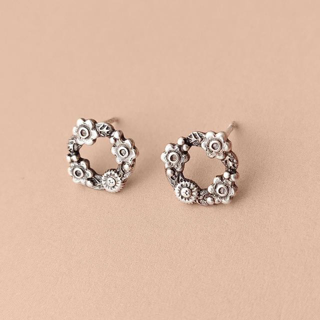 Sterling Silver Studs - 925 Flower Wreath Earrings  - Sterling Silver flower earrings - Handmade Flower Earrings - Circle floral earrings