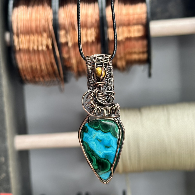 Malachite &amp; Chrysocolla pure copper wrapped pendant 